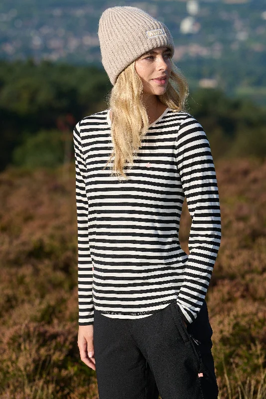 On The Go Bamboo Long Sleeve Tee - Black and White Stripe Sleek Women's 