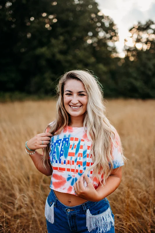 YEEHAW PATRIOTIC TIE DYE CROP Stylish Women's Neon
